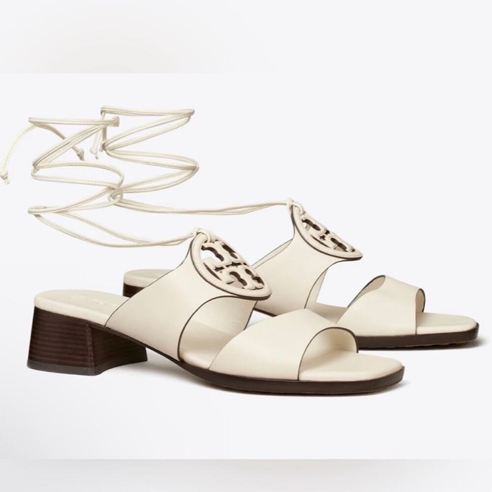 TORY BURCH White Lace Up Miller Leather Block Heel $425 Sandals Shoes Slides 7